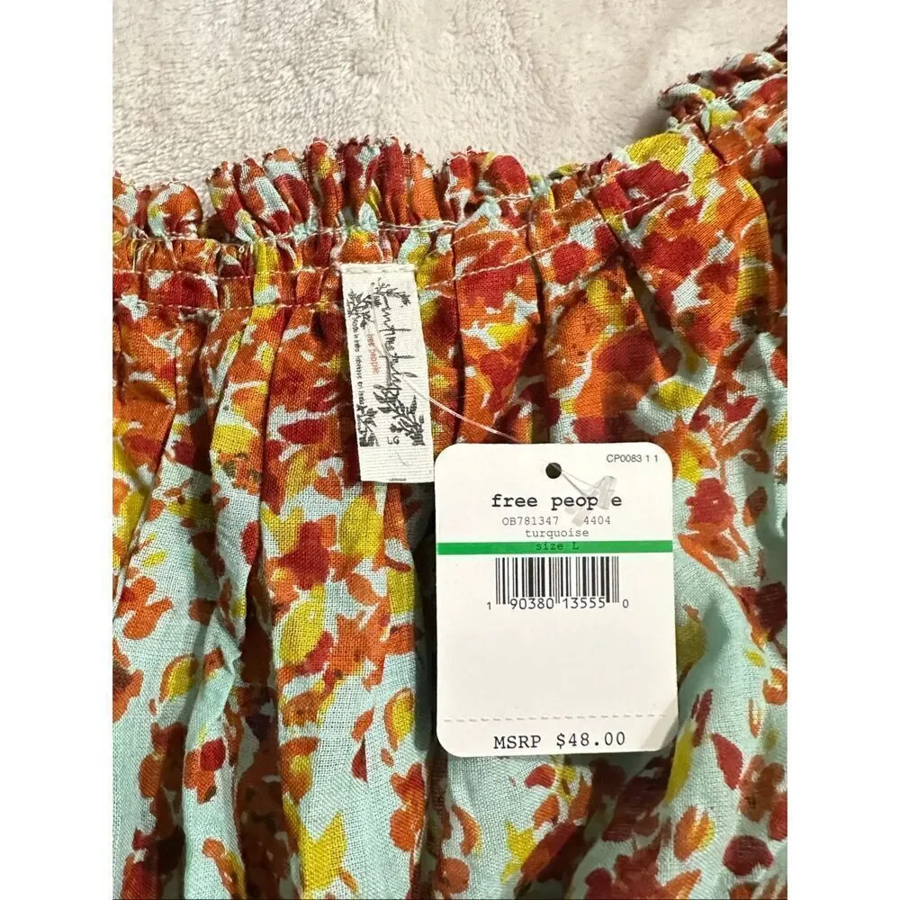 Free People L2146 Turquoise Instant Crush Printed Top Women's Size Large NEW